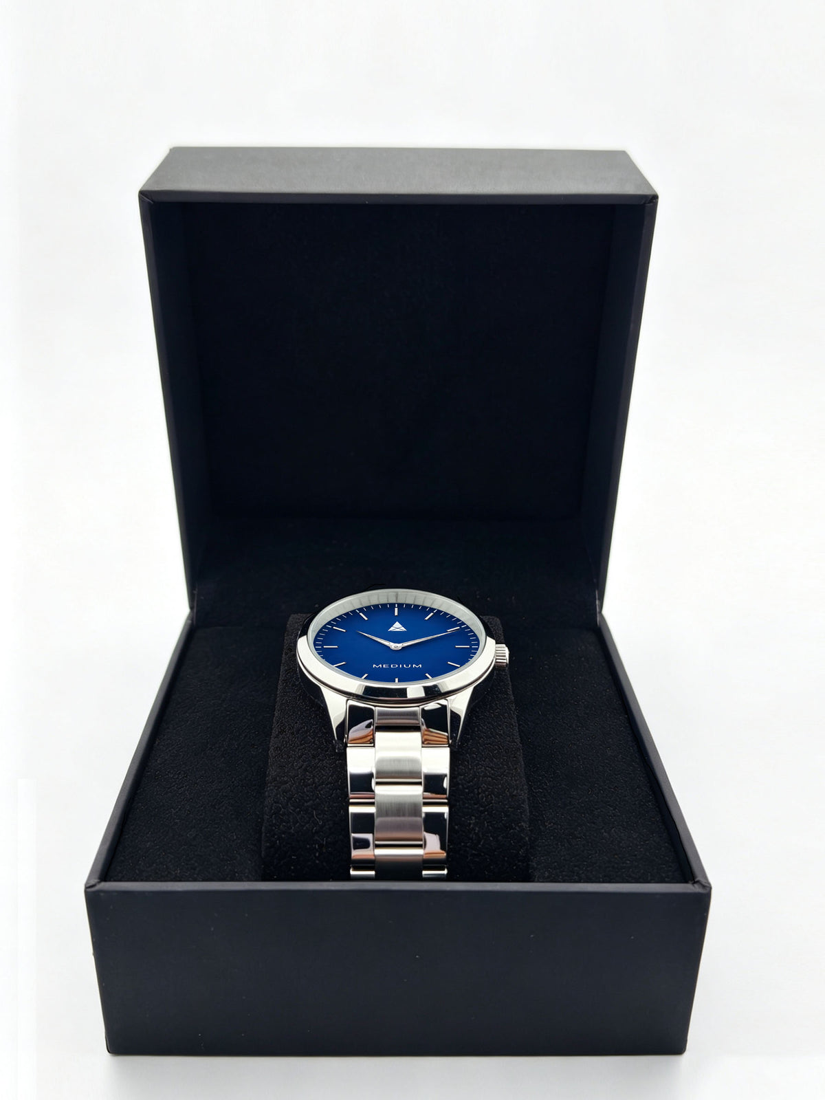 The Comeback Women’s Steel Watch — Silver / Blue — box