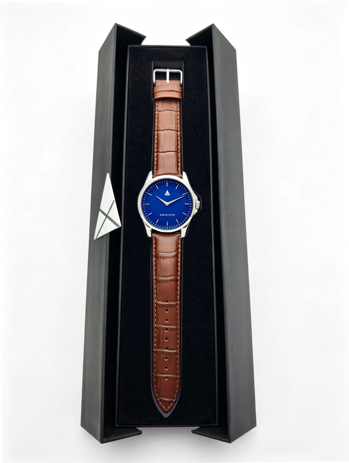 The Comeback Men’s Leather Watch — Silver / Blue — box