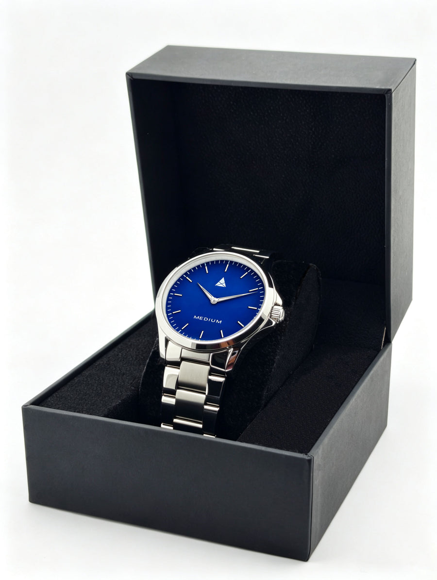 The Comeback Men’s Steel Watch — Silver / Blue — box