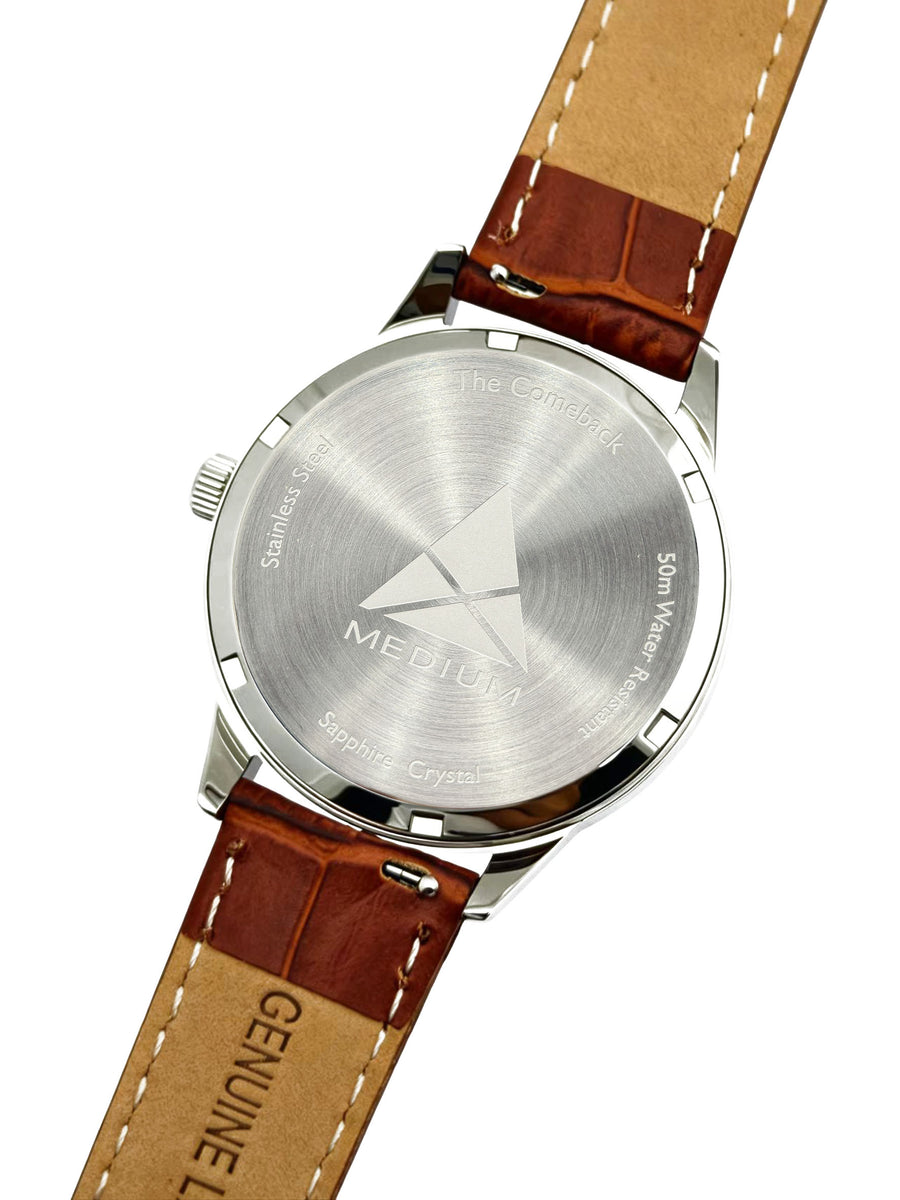 The Comeback Women’s Leather Watch — Silver / Blue — caseback