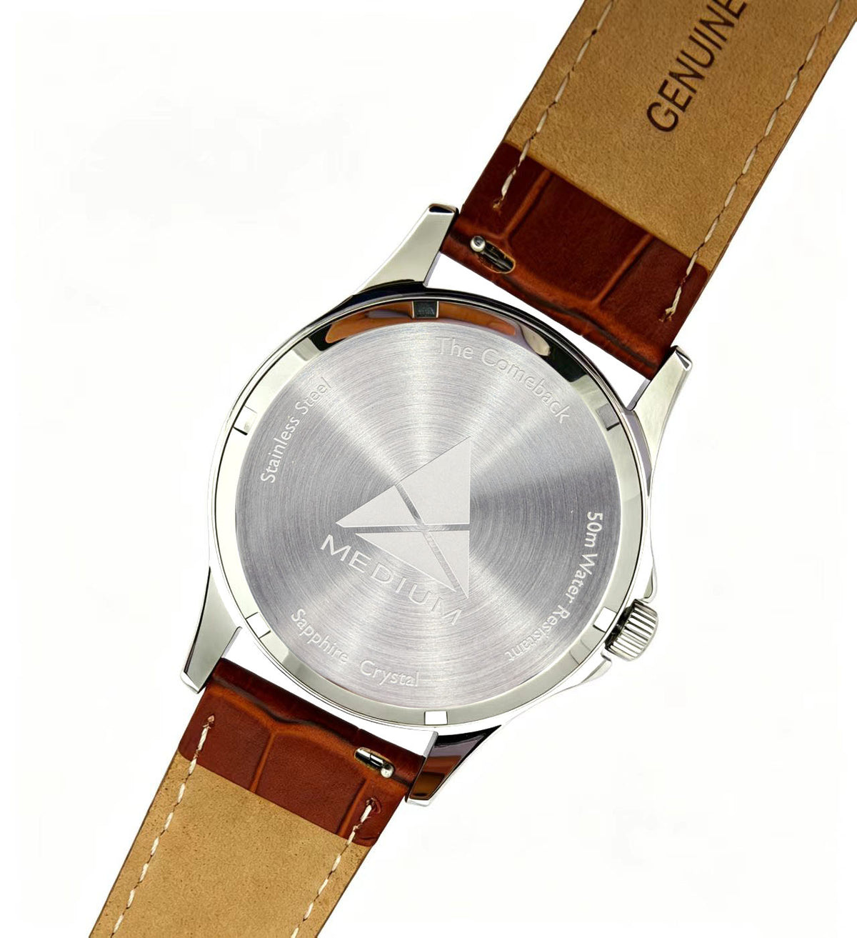The Comeback Men’s Leather Watch — Silver — caseback