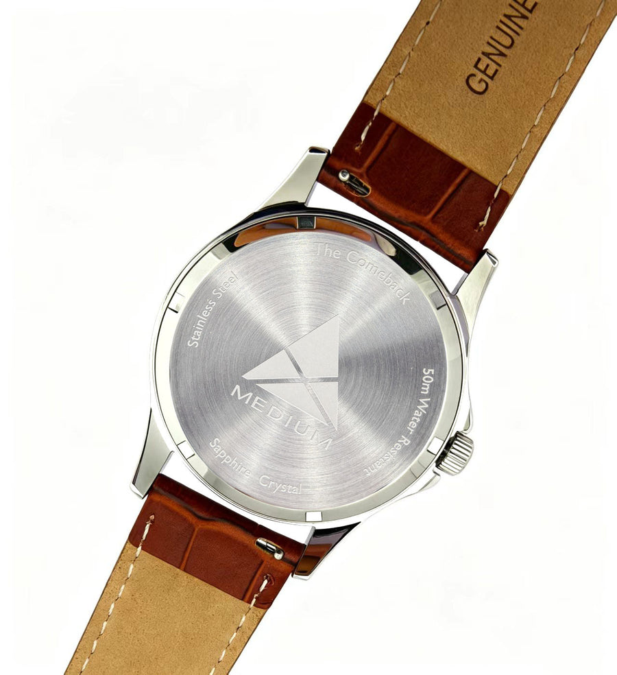 The Comeback Men’s Leather Watch — Silver — caseback