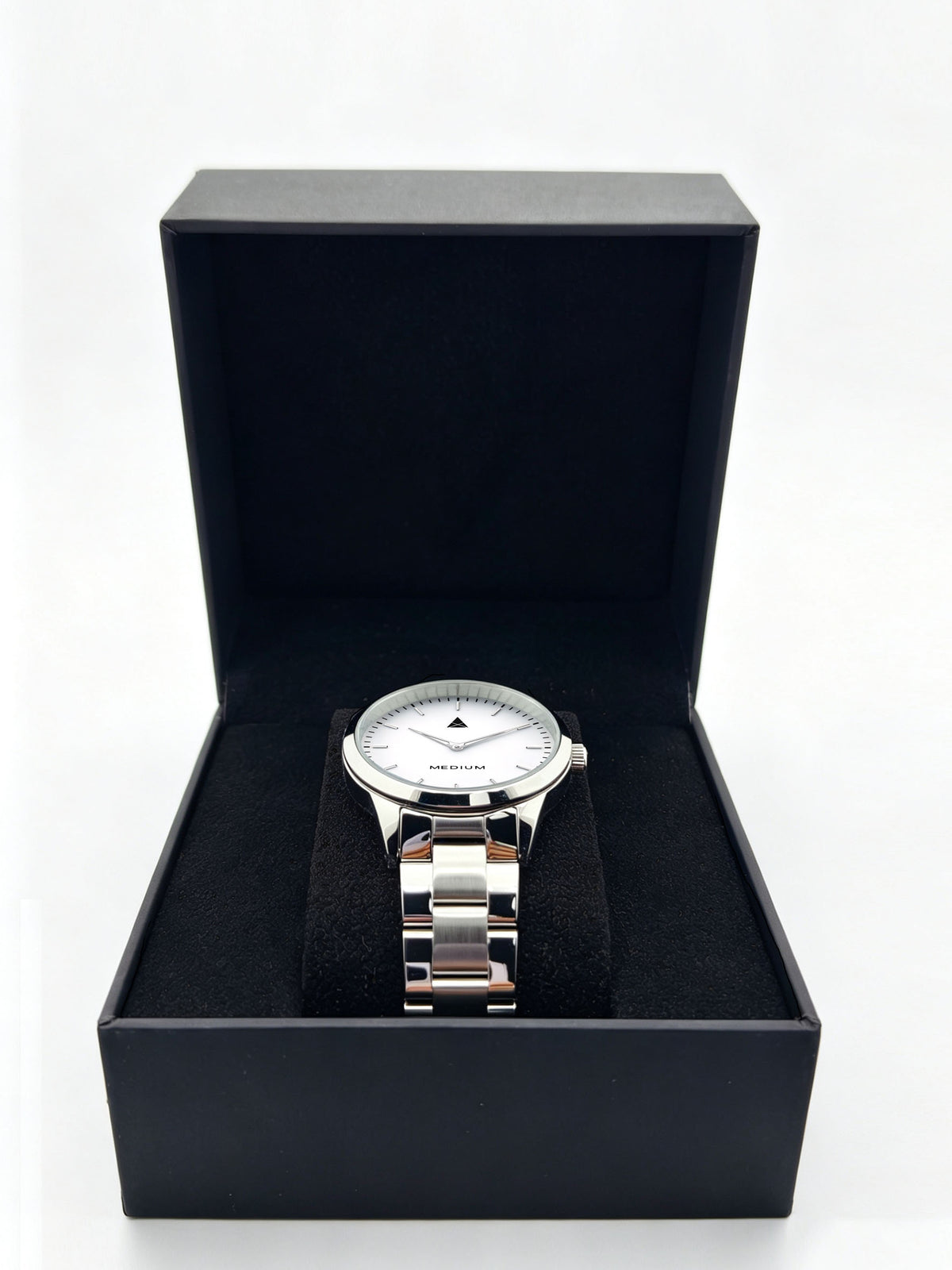 The Comeback Women’s Steel Watch — Silver / White — box