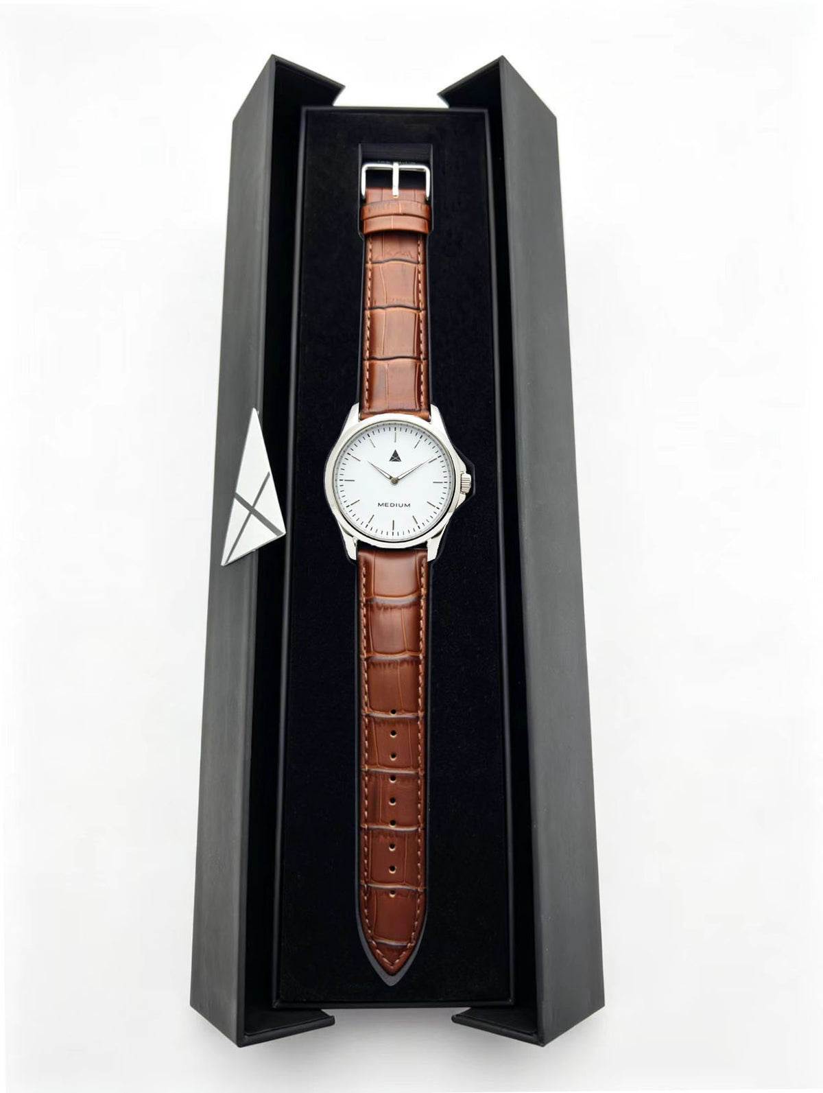 The Comeback Men’s Leather Watch — Silver / White — box