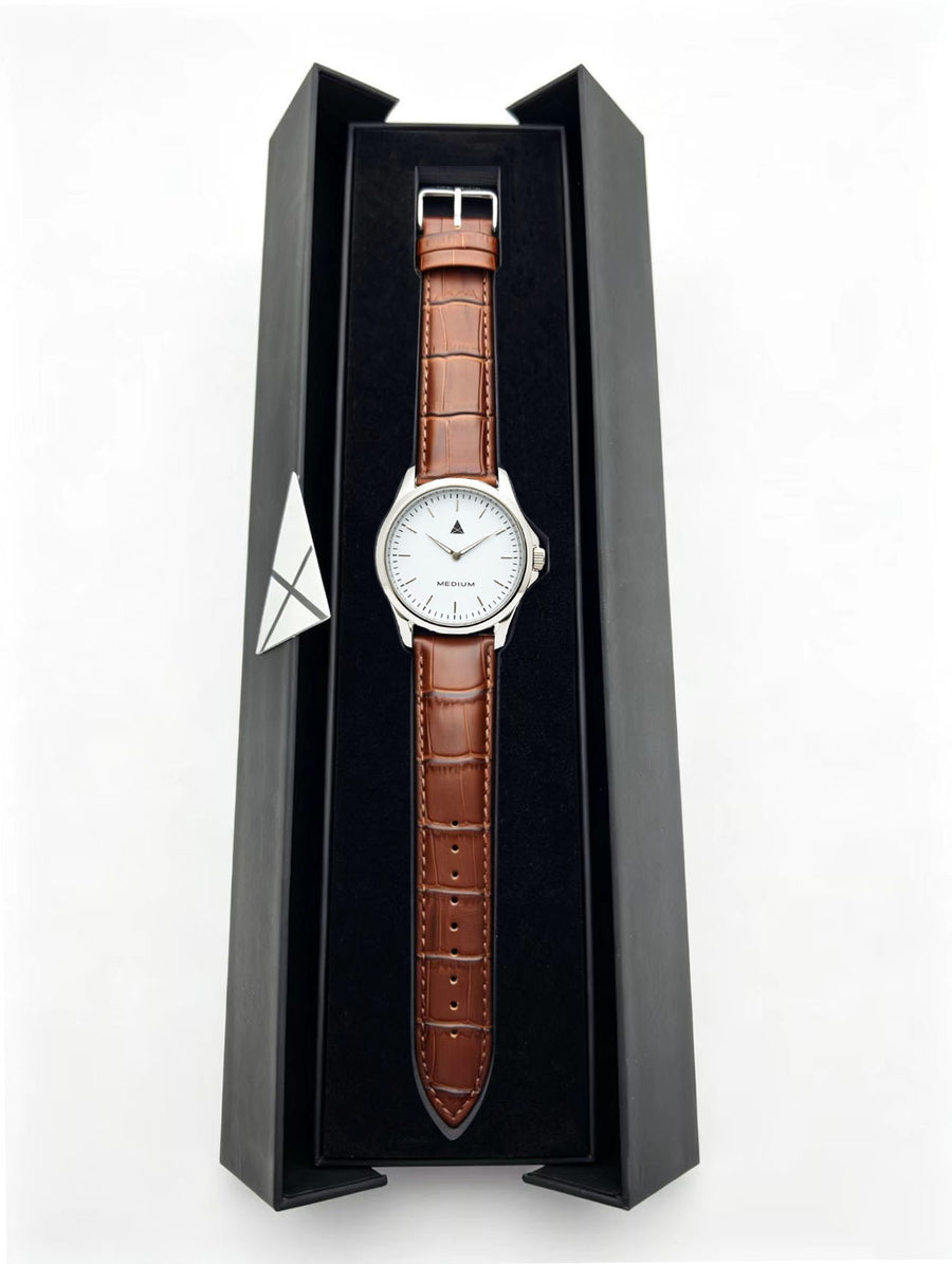 The Comeback Men’s Leather Watch — Silver / White — box