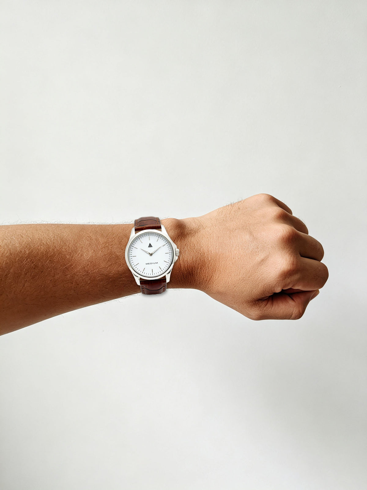 The Comeback Men’s Leather Watch — Silver / White — on wrist