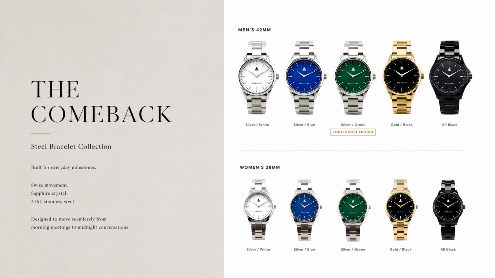 MEDIUM Lookbook — Steel Bracelet Collection, men's 42mm and women's 38mm